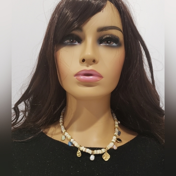 955- Chips Shells And Beads Women's Handmade Necklace And Earrings Gold Plated - Picture 4 of 7